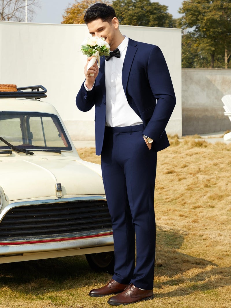 WEEN CHARM Men's Suit Regular Fit 2 Piece Wedding Tuxedo One Button Groom Prom Party Solid Blazer Pants Suit Set Navy Blue - Image 5